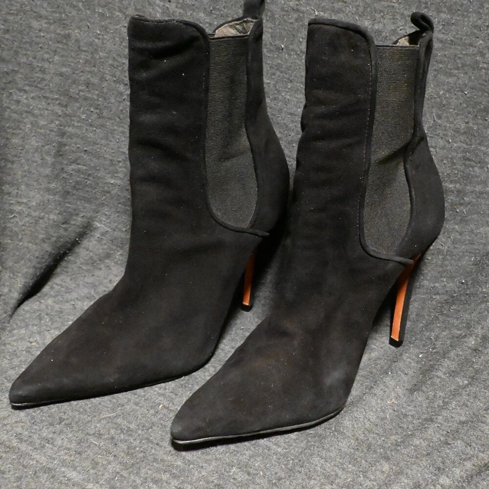Schutz Women's 8B Black Suede Stiletto Booties Pointed Toe Elastic Side Panels